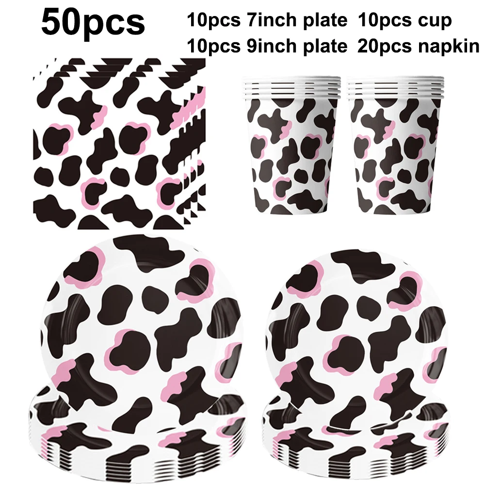 Pink Cow Party Disposable Tableware Plates Cups Napkin Cow Farm Birthday Party Decor Supplies