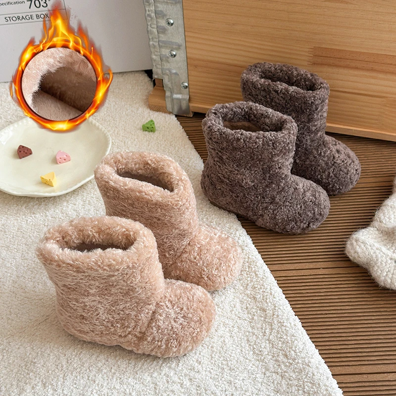 

Children Snow Boots 2025 Winter Warm Plush Comfortable Anti Slip Casual Cotton Shoes Fluffy Furry Cold-proof Flat Short Boots