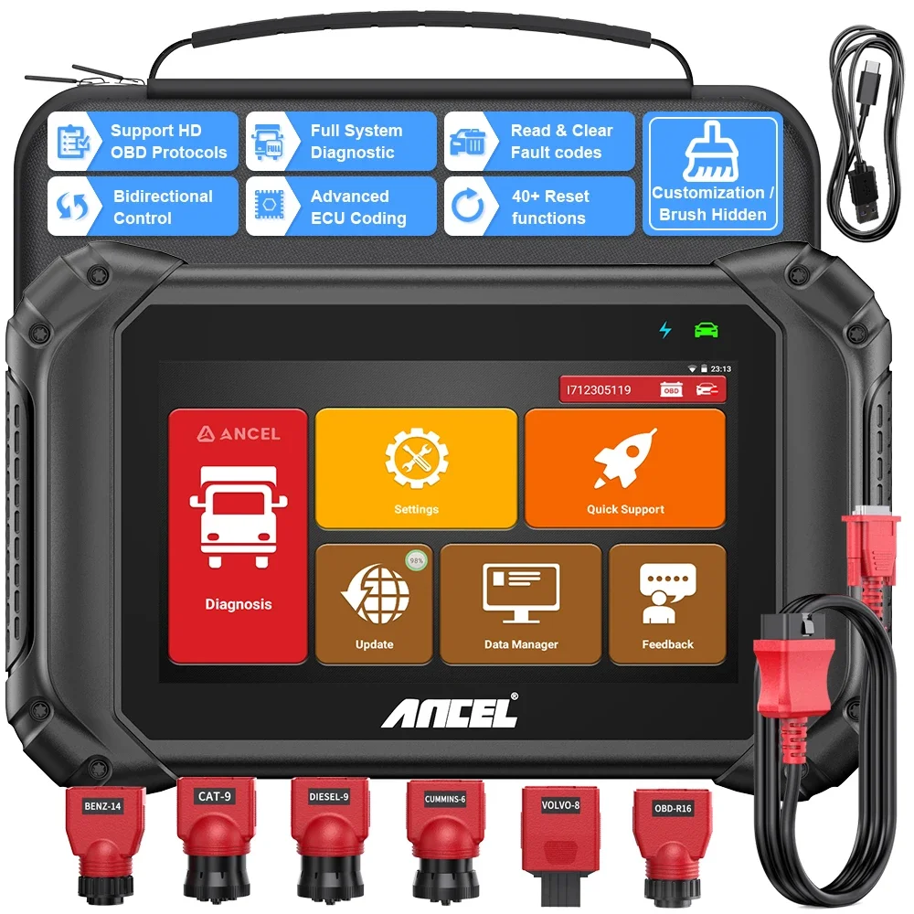 

ANCEL V5 HD Commercial Vehicle Heavy Duty Truck Diagnostic Tools All System ECU Coding BI-Directional OBD2 Truck Scanner