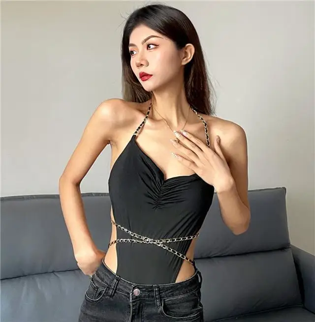 Sexy hot girl low-cut metal chain halter top women's backless lace-up one-piece vest refreshing comfortable and trendy summer