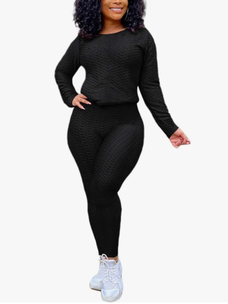 

Women 2 Piece Suits Textured Long Sleeve Sweatsuits Bodycon Jogger Pants Set