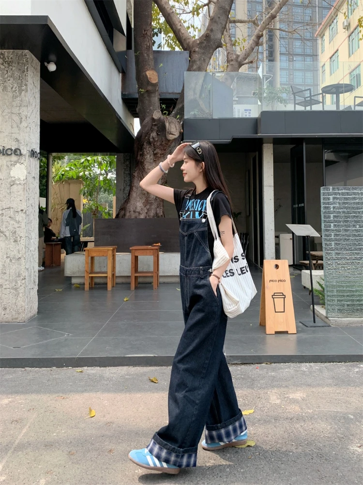 

Джинсовые комбинезоны в клетку в стиле пэчворк, женские летние винтажные модные универсальные многослойные широкие брюки и брюки в пол