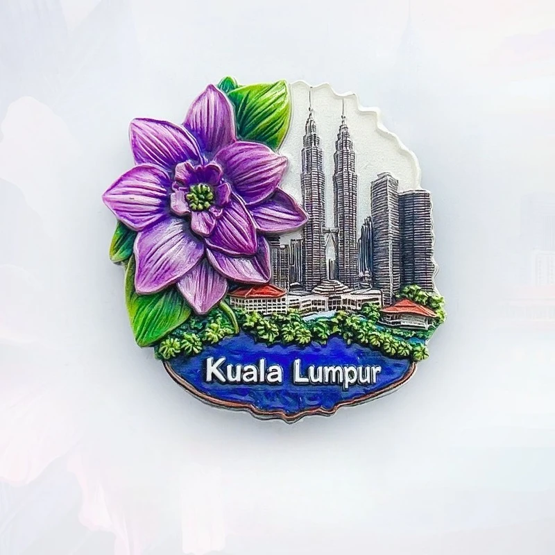Kuala Lumpur Fridge Magnet - Stunning 3D Petronas Towers with Purple Hibiscus Unique Malaysia Souvenir & City Skyline Gift