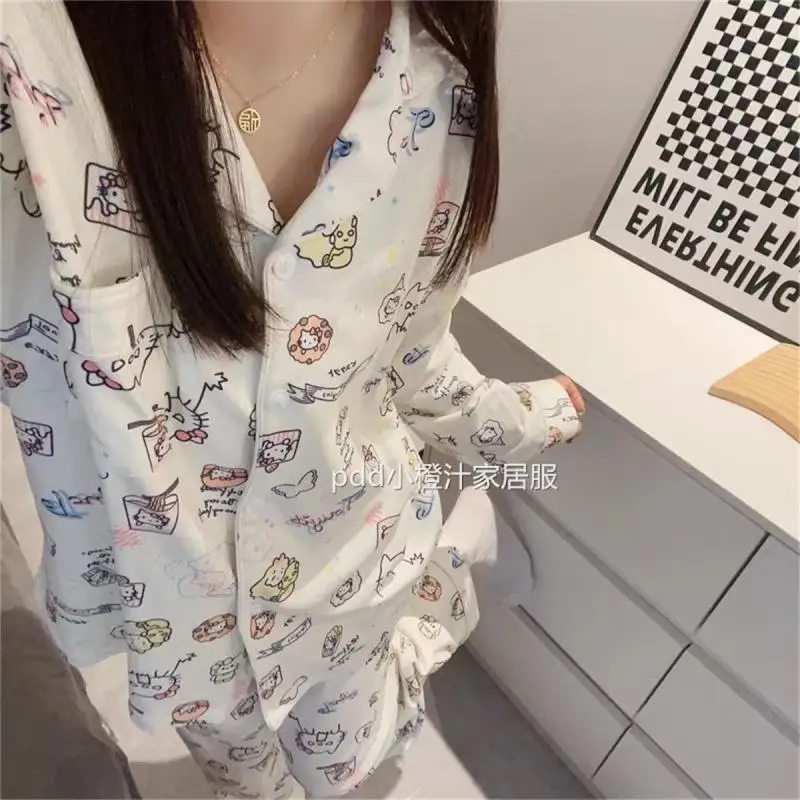 Sanrio Female Long Sleeves Leisure Wear Suit Spring and Autumn Kawaii Hello Kitty Comic Go Out Student Cardigan Pajamas Clothing