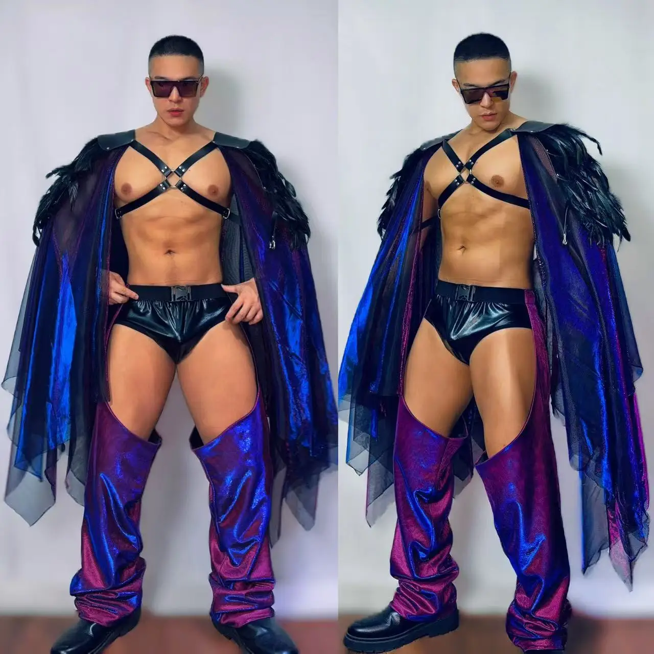 Traje Rave para fiesta de Halloween, capa de plumas coloridas exageradas, ropa para escenario de Bar y club nocturno, disfraz de cantante Gogo para espectáculo de turismo