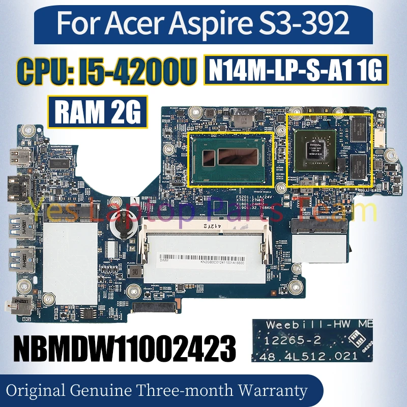 12265-2 For Acer Aspire S3-392 Laptop Mainboard NBMDW11002423 I5-4200U RAM 2G N14M-LP-S-A1 1G fully Tested Notebook Motherboard