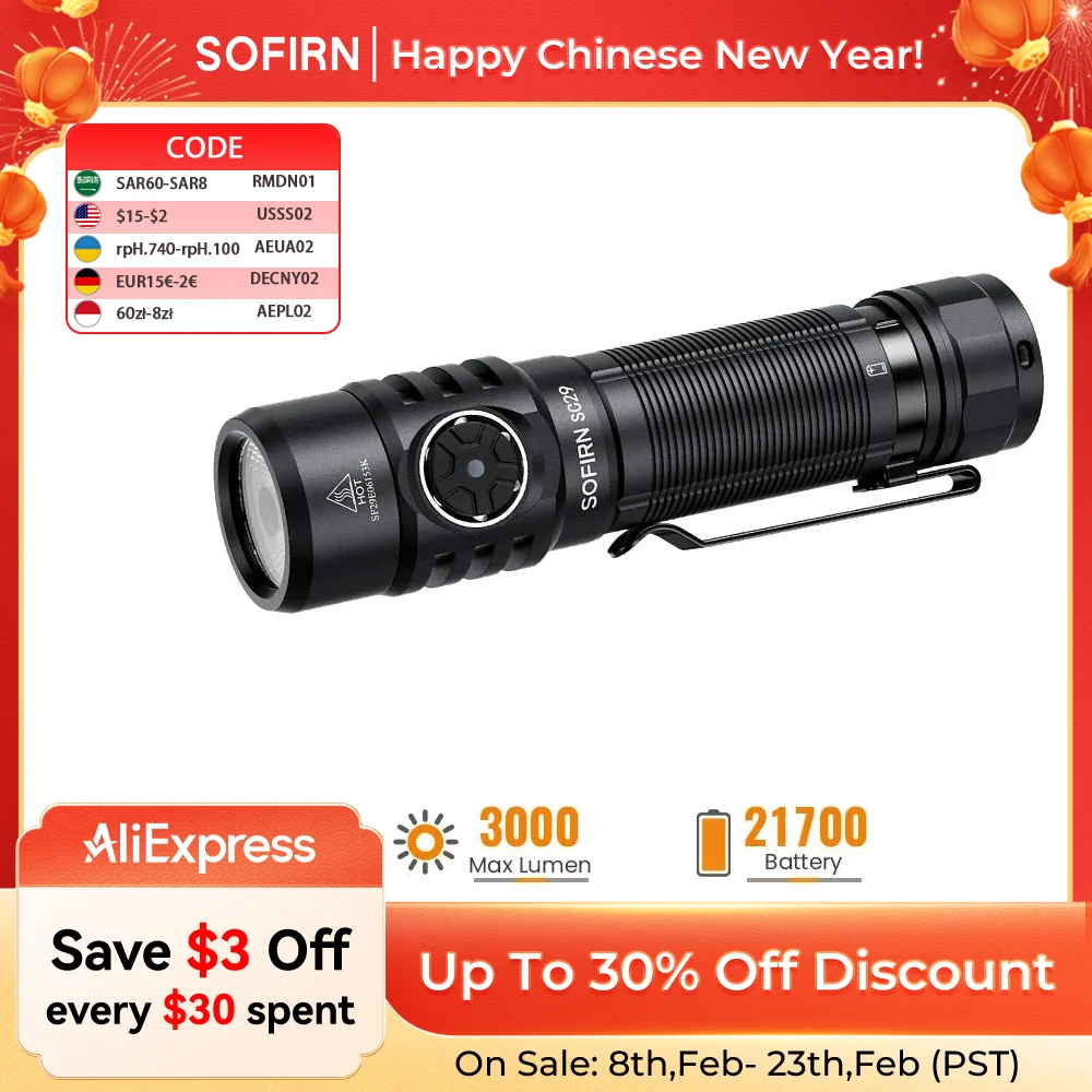 Sofirn SC29 3000Lm Type-C Rechargeable Flashlight XHP50B LED Powerful 21700 EDC Torch IPX8 for Camping
