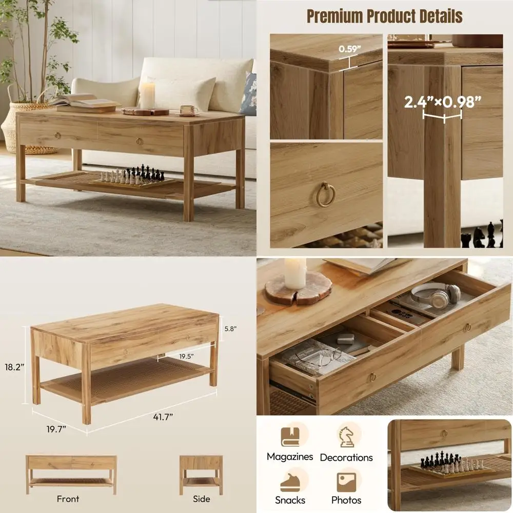 

Boho Style 42 Coffee Table with Storage and Rattan Shelf for Living Room