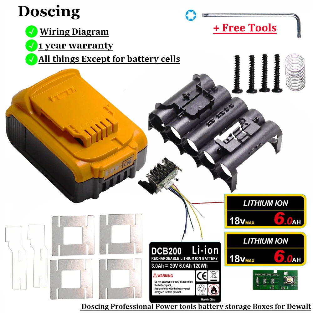 Doscing DIY DCB200 Rechargeable Batteries Plastic Case PCB Circuit Board For Dewalt 18V 20V 3.0Ah 4.0Ah Li-Ion Battery