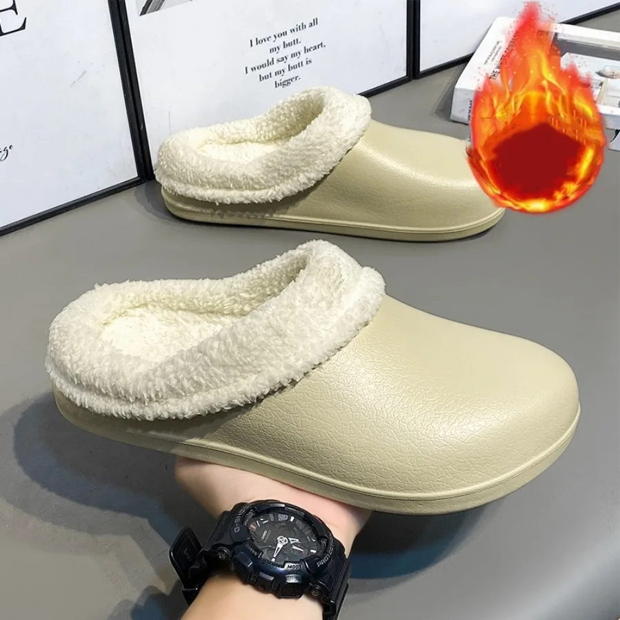 Men Couple EVA Waterproof Closed Toe Slippers Thick Plush Fleece Lining Non Slip Warm Slippers for Indoor Outdoor Women Slippers