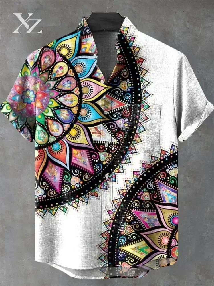 Men's Vintage Linen Short Sleeve Shirt Summer Printed Festival Casual Top Street Trend Fast Delivery
