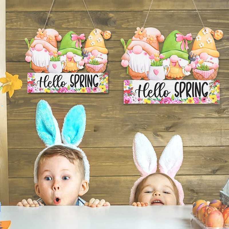 Happy Easter Door Wall Decoration Wood Gnome Hello Spring Sign Pendant Home Hanging Ornaments Easter Rabbit Craft Party Decor