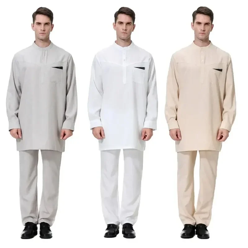 Islamic Arabic Men Robe Thobe Kaftan Jubba Abaya Muslim Thoub Dubai Daffah Dishdasha Saudi Long Sleeve Tops+Pants Dubai Outfits