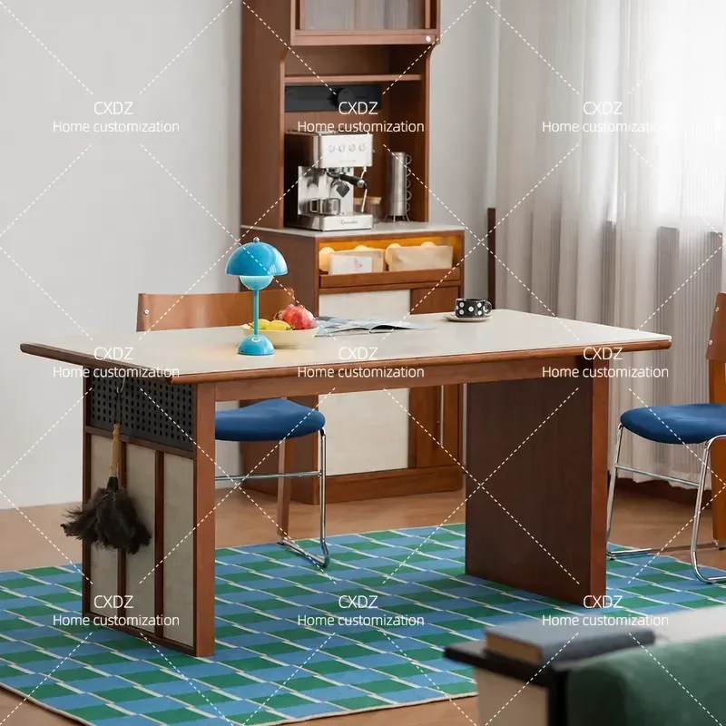 Retro Slate Dining Table Set with Chairs Rectangular Travertine Top Solid Wood Frame Medium Size for Small Apartment Home