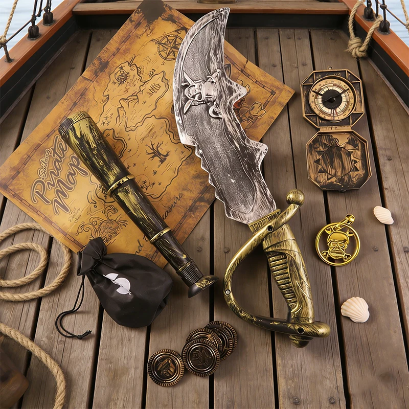 Pirate Costume Accessory Set for Halloween Cosplay Party Include Pirate Cutlass Treasure Map Gold Coins Telescope Role Play Deco