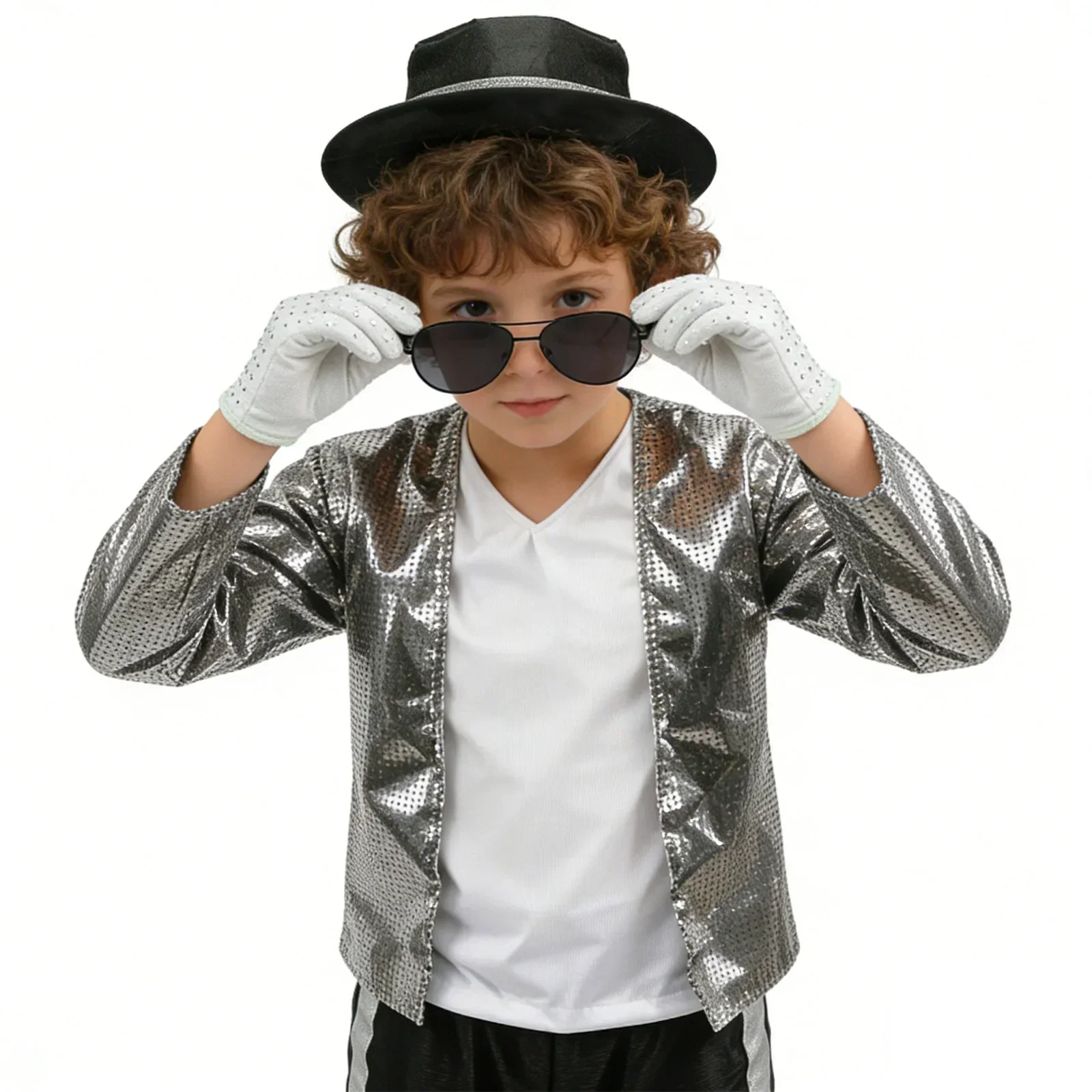 70er 80er Jahre Kinder Vintage Superstar Cosplay Outfit Paillettenjacke Gestreifte Hose Perücke Hut Handschuhe Bühnenshow Kostüm 12 Jahre – Detail 7