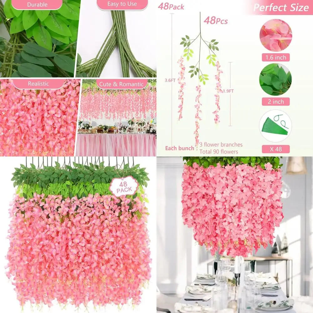 48-Piece Artificial Deep Pink Wisteria Garland for Weddings and Home Garden Decor