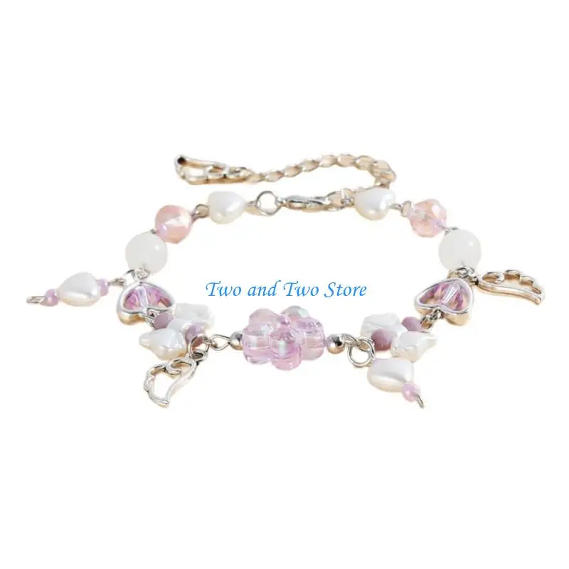 

HX6F Handmade Angel Wing Bracelet Bowknot Beaded Wristband Adjustable Chain Aesthetic Jewelry Gift for Women and Girls