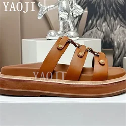 Round Open Toe Casual Flat Slippers Women Buckle Design loafers Slippers Summer Luxury Brand Punk Style Mules Slippers Mujer