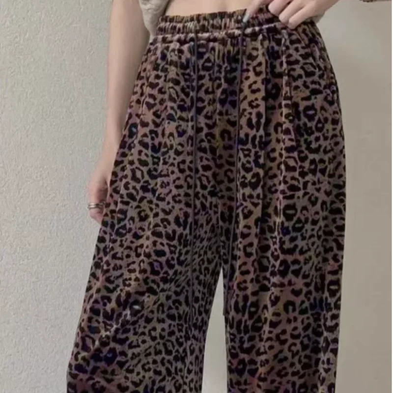 Women\'s Pants Leopard Pleuche Elastic Waist Retro Elegant Loose Straight Trouser Winter Vintage Casual Wide Leg Pant Y2K Youngth