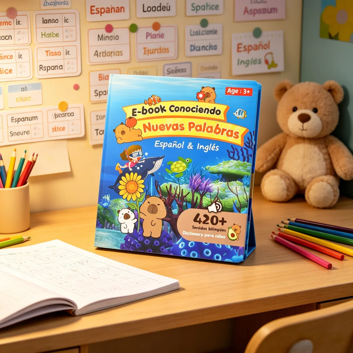 Spanish English Bilingual Sound Book for Kids 3+ 420+ Words Talking Electronic Early Learning Teaching Language Educational Toy