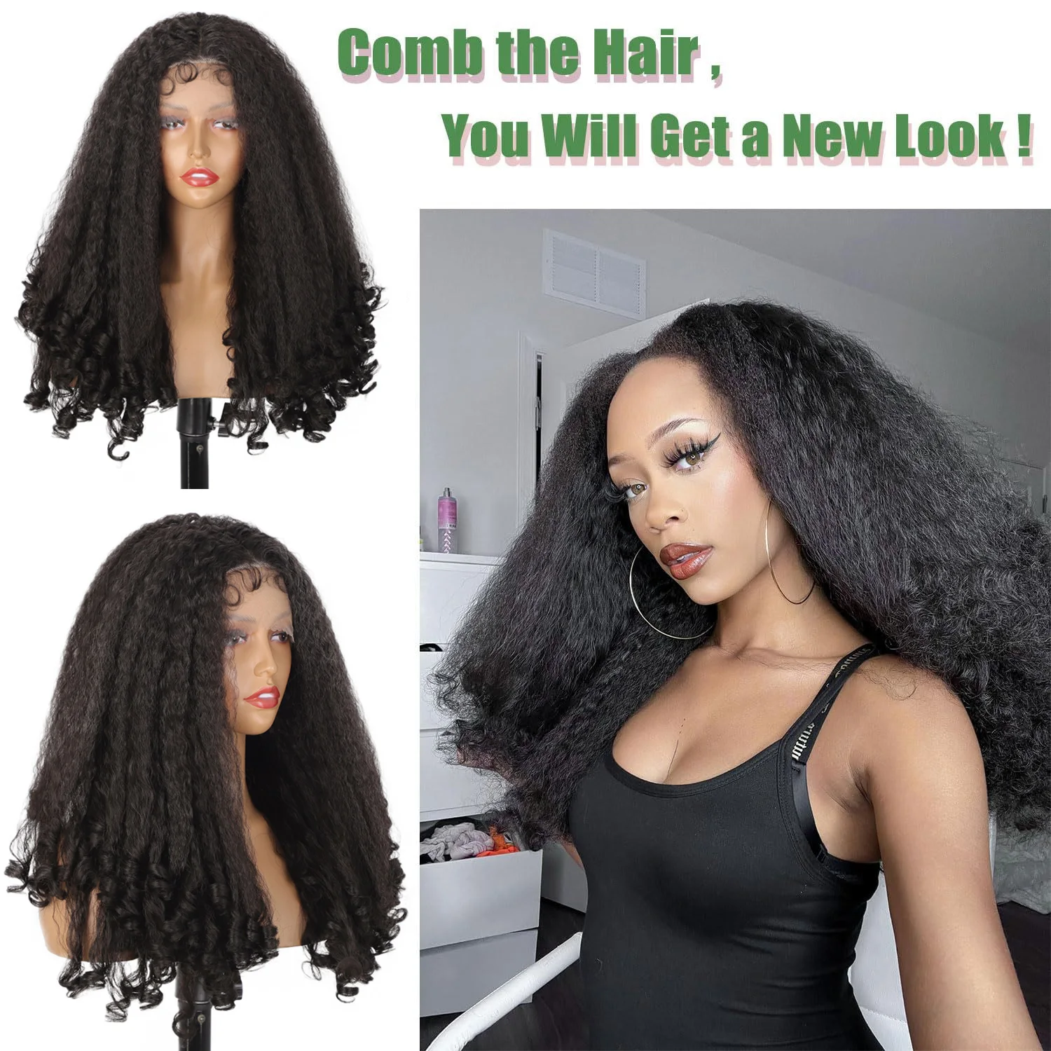 Parrucca anteriore in pizzo sintetico Parte centrale Parrucche per capelli soffici lunghi ricci afro crespi Evidenzia bionda 350 #   Acconciatura resistente al calore da 24 pollici