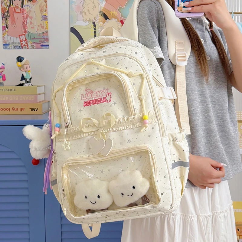 Women's Backpack Cute Female Multi-pocket Travel Bag Lovely Bow Stars Reflective Stripe Schoolbag for Teenage Girl Book Knapsack