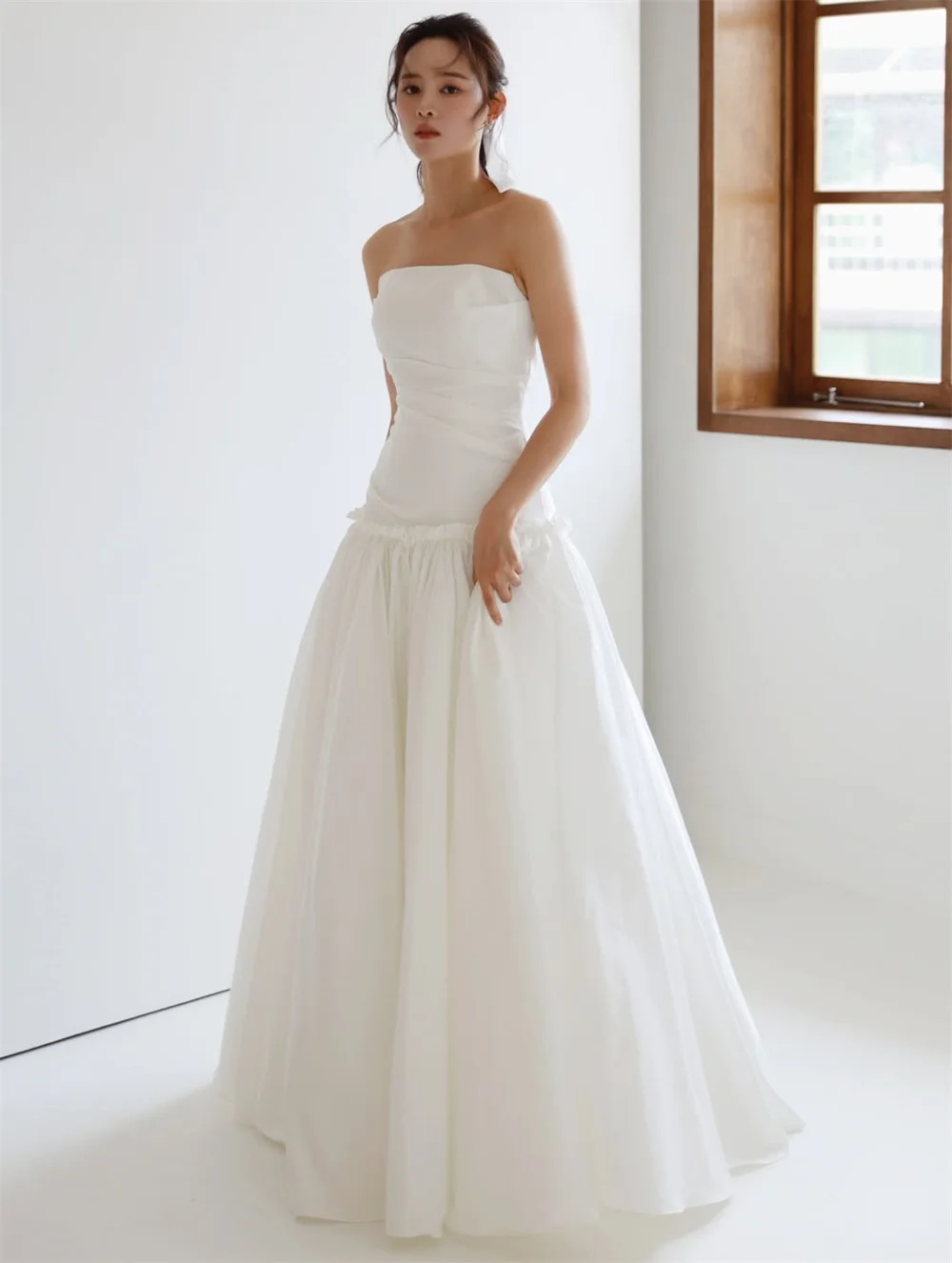 SPRAYING Einfaches elfenbeinfarbenes Taft-Hochzeitskleid, Korea-Fotoshooting, trägerlos, A-Linie, lange Brautkleider, Korsett, maßgeschneidert,  soi