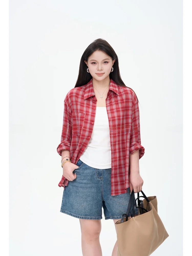 

Red Tone Plaid Thin Casual irt Fall Loose Fit Slimming Cheered Women's Korean Sle Commute Wind Polyester Cotton Blend