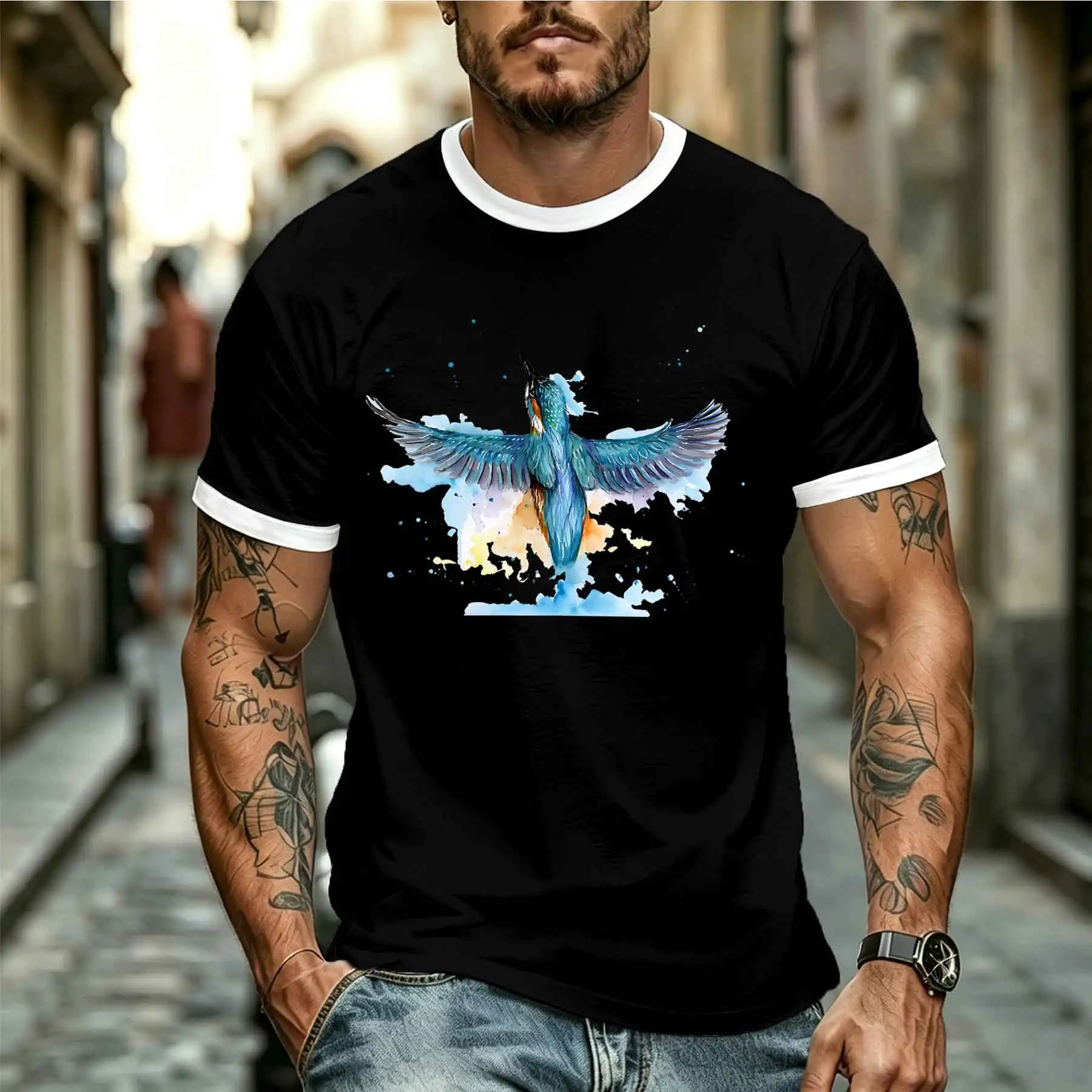 2026 new model Tee Stylish Comfortable Men's Kingfisher Watercolor Style Wing-spreading Print T-shirt Casual Breathable Artistic