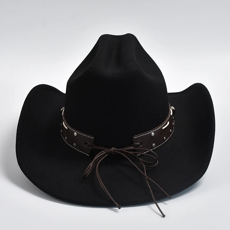 New Vintage Western Cowboy Hat with Punk Belt Men\'s Gentleman Cloche Church Caps Lady Roll Up Jazz Cowgirl Hats