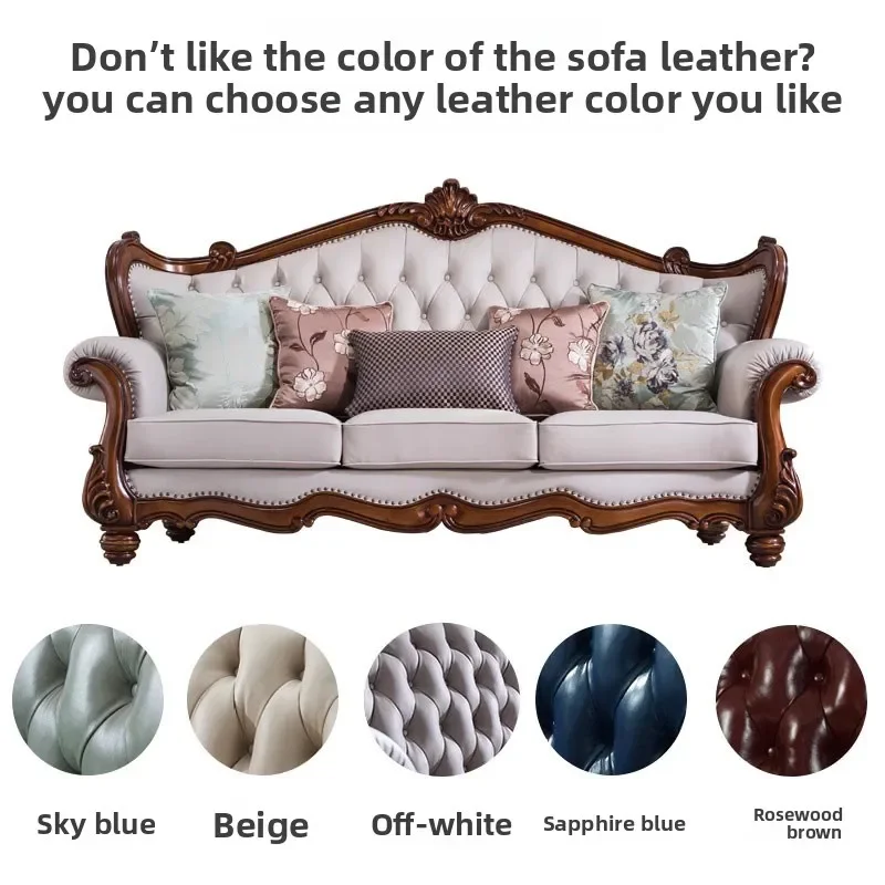 W27- European leather sofa living room villa large apartment American retro solid wood furniture