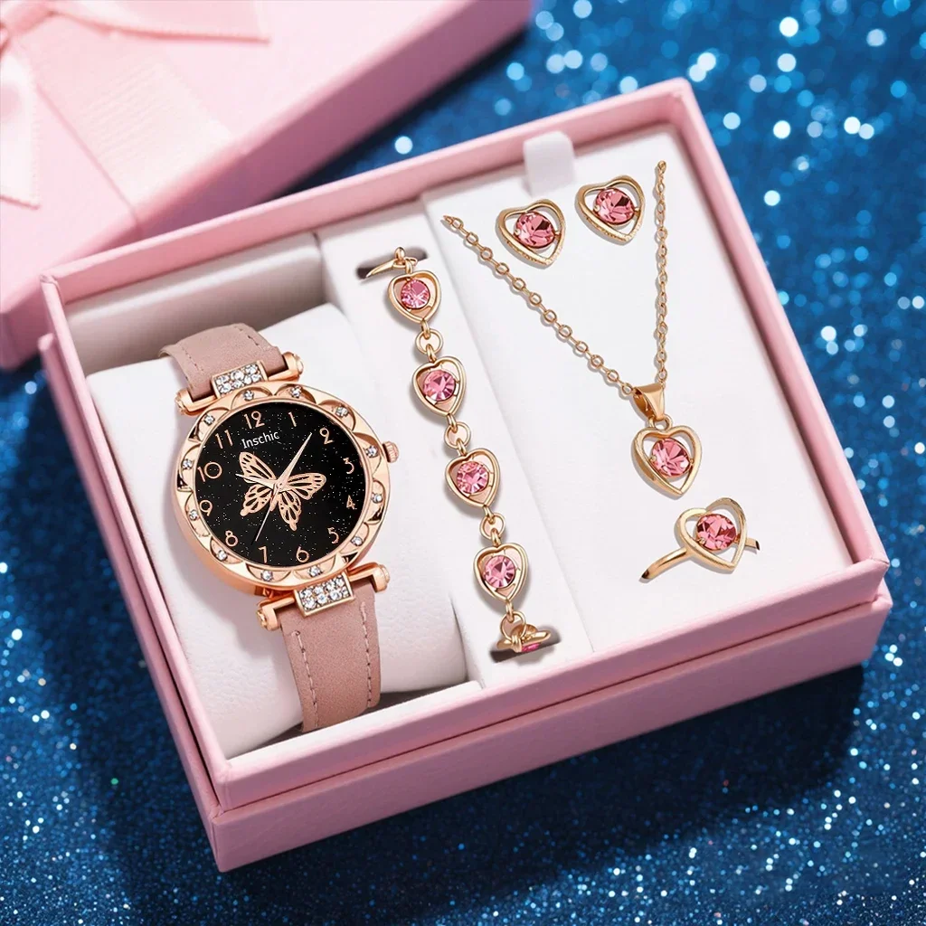 6PCS Sweet, Simple, Fashionable Women's Watch PU Leather Strap Quartz Watch with Necklace Accessories Set