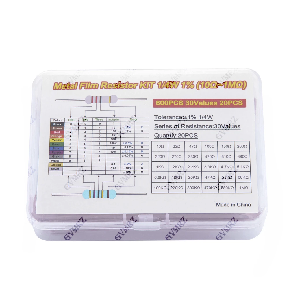 600PCS 30Values 1/4W Metal Film Resistor Assortment Kit - 20PCS Each, Boxed for Electronics DIY, Repair & Projects 1/4W