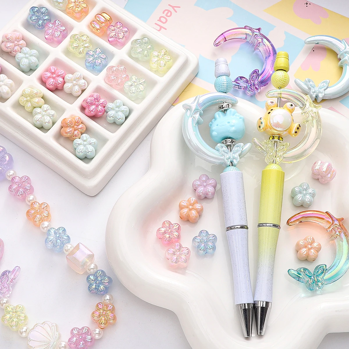 5pcs Plum Blossom Butterfly Star Moon Acrylic Bead UV Coating Double Hole DIY Jewelry Making Mobile Phone Chain Accessories