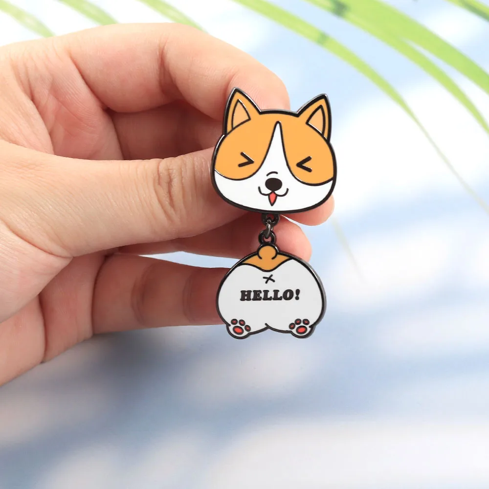 Lustige Corgi-Hund-Emaille-Anstecker, kreativer Corgi-Po mit „Hallo!“ Buchstaben-Broschen, hängende Tier-Abzeichen, Taschen-Reversnadel, Schmuckgeschenk – Detail 6