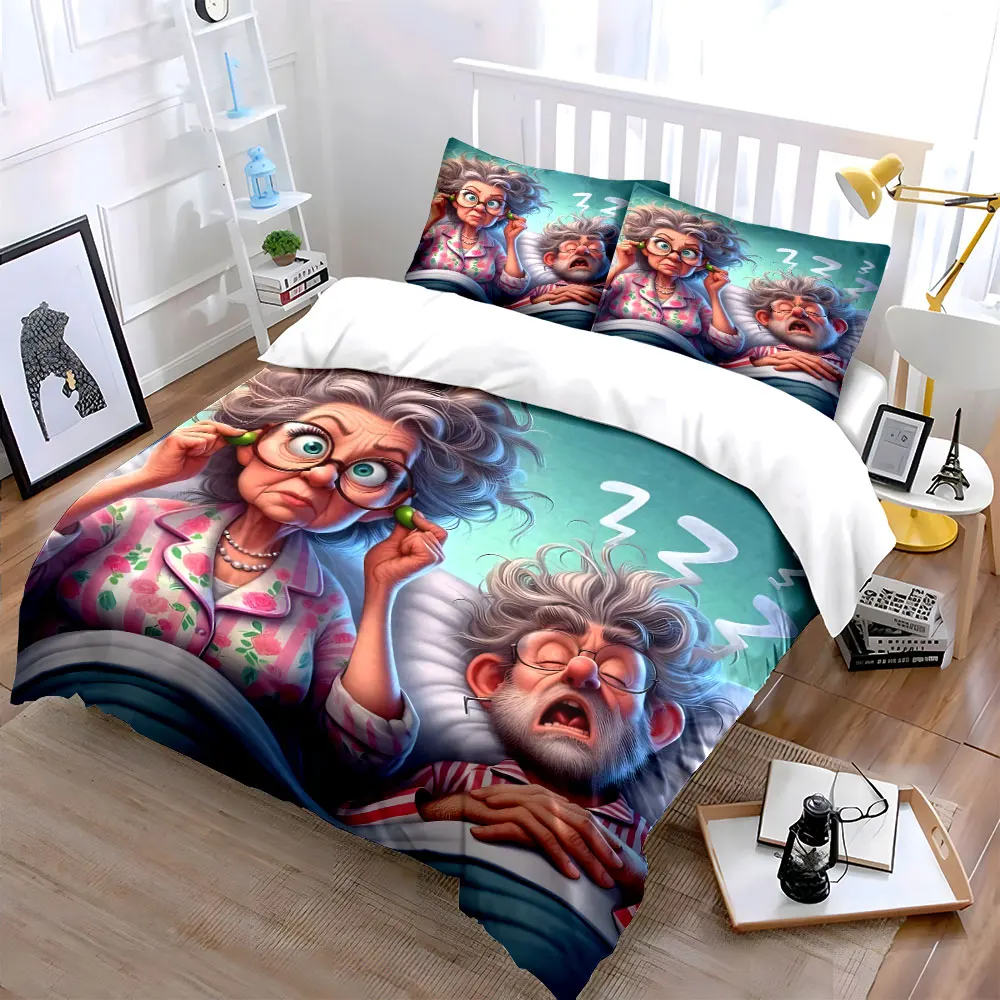Elderly couple funny bedtime scene Printed Duvet Cover Set1 Duvet Cover+2 PillowcaseMulti Size Bedroom Bedding Decoration