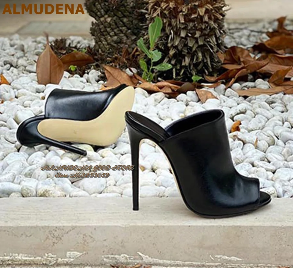 

ALMUDENA Black Matte Thin High Heel Modern Slippers Round Open Toe Stiletto Heel Dress Pumps Slip-On Exposed Heel Sandals