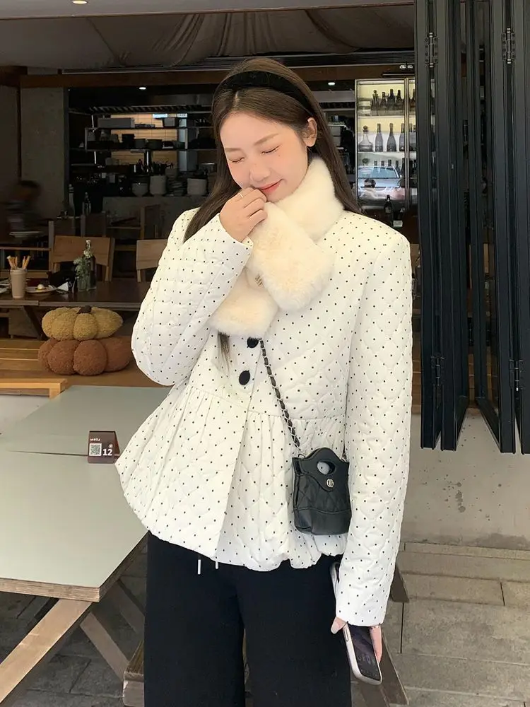 Women's 2026 Autumn Winter Sweet Polka Dot Bubble Quilted Padded Jacket Loose Thick Warm Long Sleeve Chic Coquette Trendy