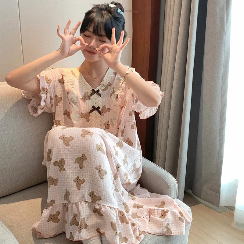 

130kg Super Large Size House Long Dress Women's Extended Nightgown Summer Short Sleeve Pajamas Korean Students Loose Loungewear