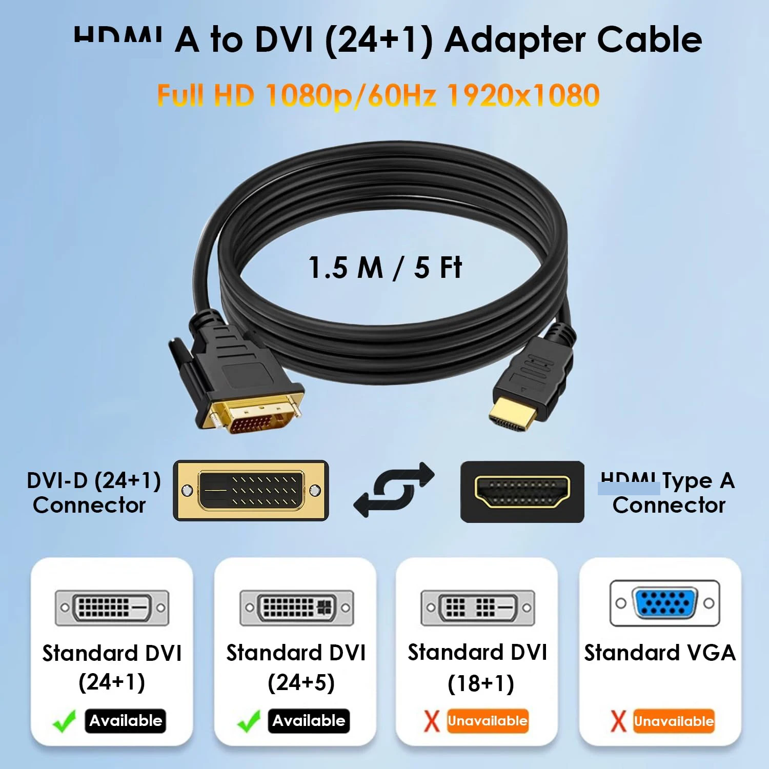For HDMI to DVI Adapter Cable DVI-D(24+1) to HDTV HDMI-Compatibility Bi-Directional 1080p Full HD For PC Laptop TV Box Projector