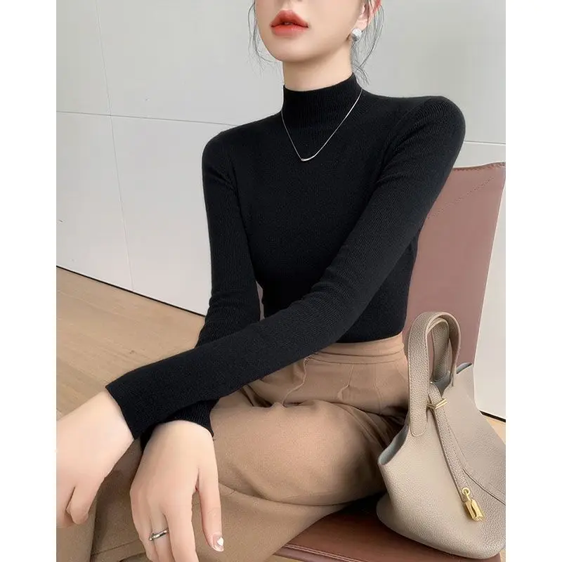 

Autumn and Winter Black Temperament Half Turtleneck Sweater Women Hot Style Warm High-end Slimming Inner Layering Sweater Top