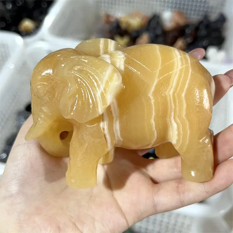 Natural Orange Calcite Elephant Room Decoration Healing Crystal Animal Figurine Reiki Carved Stones Gift 1PCS