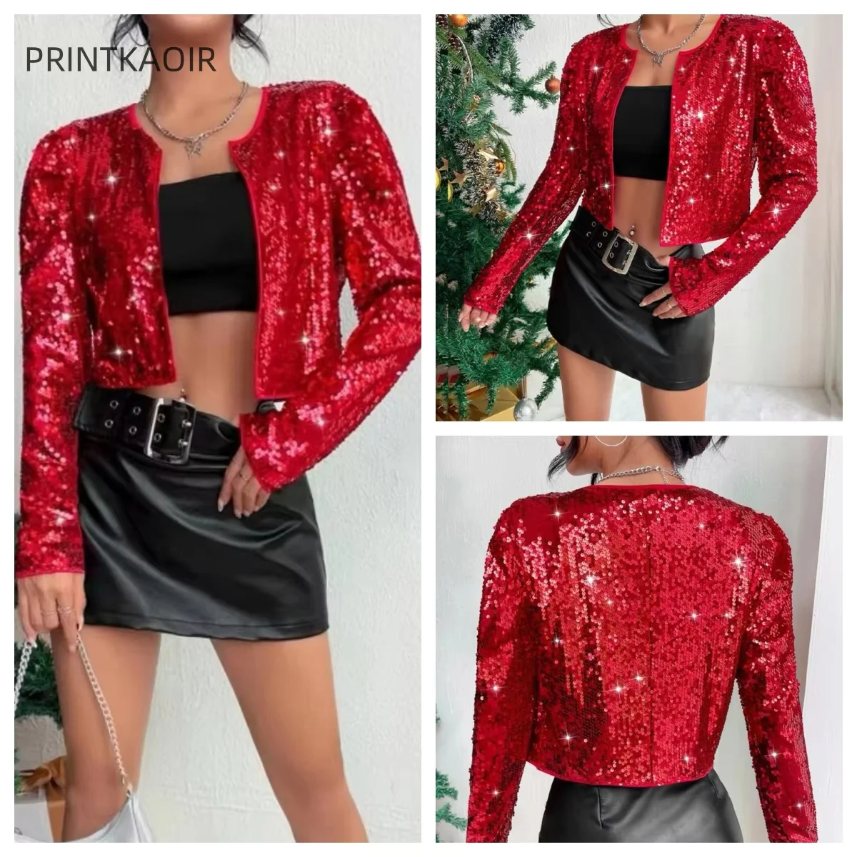 

Street Hipster Sexy Party Y2k Jacket Fashion Casual Women's Spring Explosion Rocker Style Round Neck Short Sequin Jacket