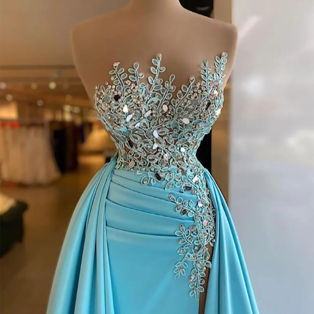 여성을위한 고급스러운 댄스 파티 드레스 끈이 없는 아플리케 절묘한 크리스탈 블링 인어 민소매 공식 디너 파티 이브닝 ​​가운