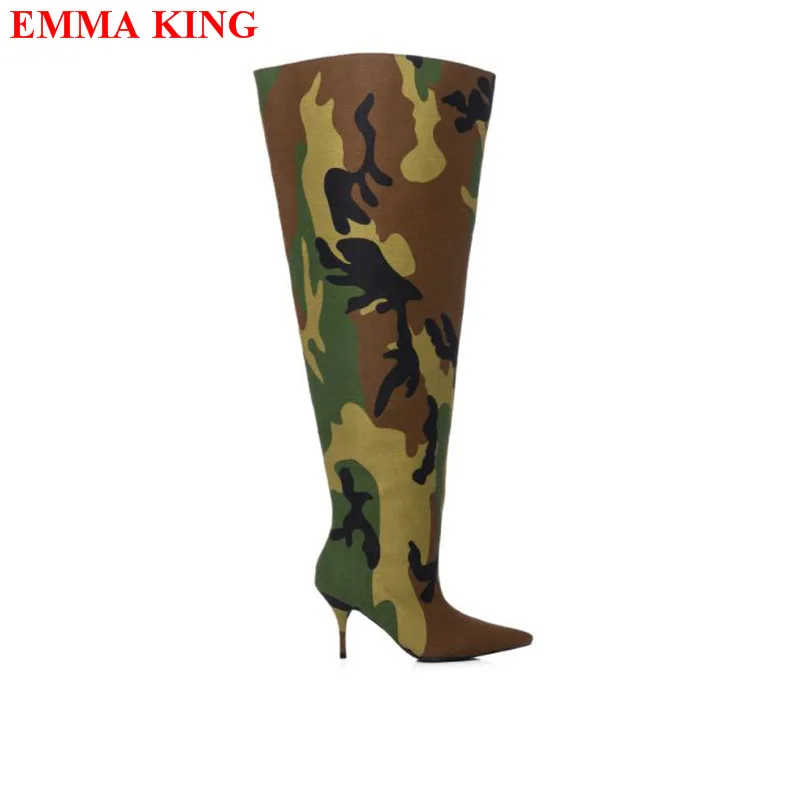 Women\'s Camouflage Over The Knee Boots Pointed Toe Slouchy Wide Thigh High Boots Fashion High Heels Stiletto Party Shoes Woman