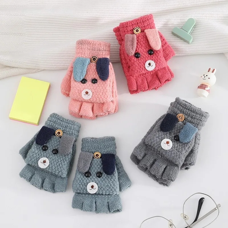 Winter Warm 4-8 Years Old Children Cartoon Cute Fashion Male and Female Students Knitted Half-finger Writing Gloves