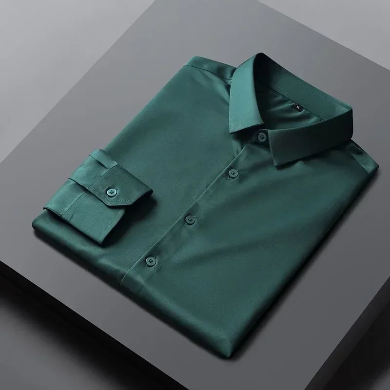 

XX563Dark green high-end ice silk shirt men's long-sleeved work wear no-iron anti-wrinkle groom's wear