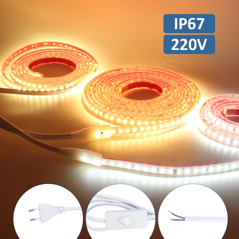 AC 220V 230V 2835 LED Strip Light Waterproof IP67 120LEDs/m Flexible Tape Lamp Warm Cold White 1M 2M 3M 5M 10M 20M Home Lighting