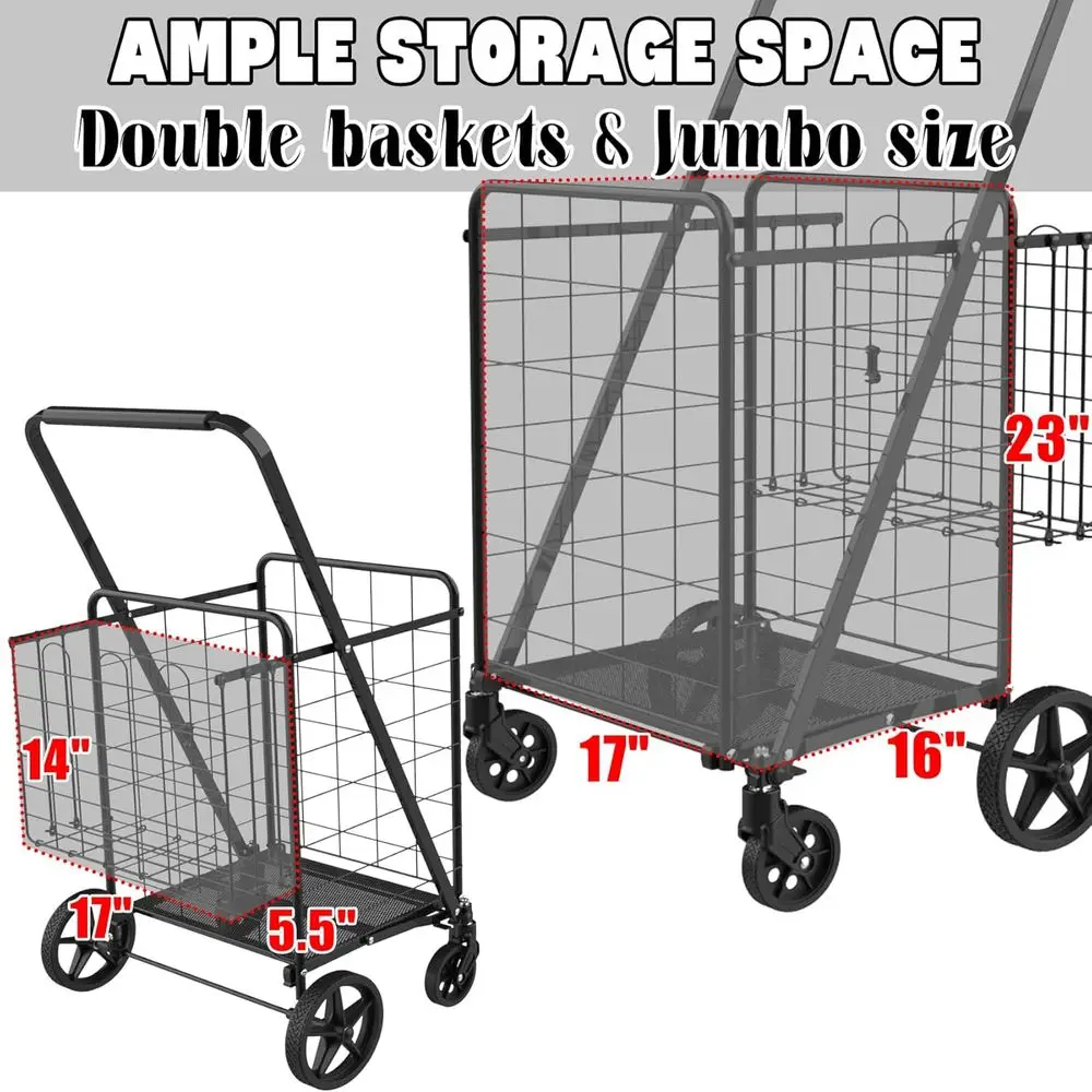 Carrinho dobrável durável com sacola impermeável, 360 °   Rodas giratórias, cestas duplas, carga de 300 libras para compras, lavanderia, camping